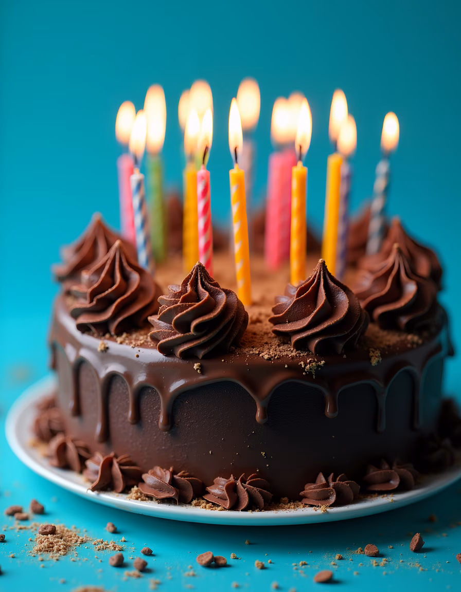 Close-up of a chocolate birthday cake with colorful candles on a teal background.