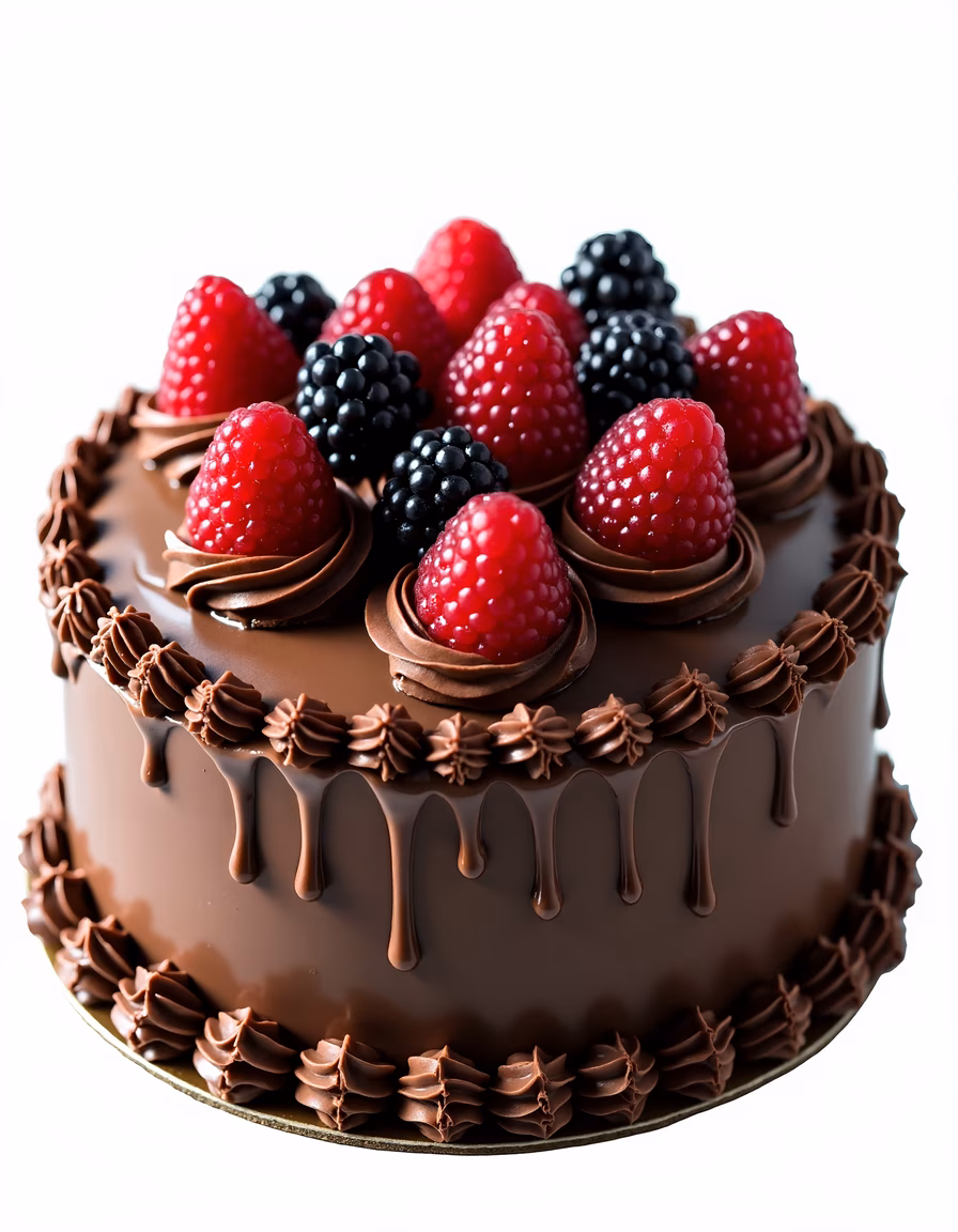 Close-up of a decadent chocolate cake with fresh berries.