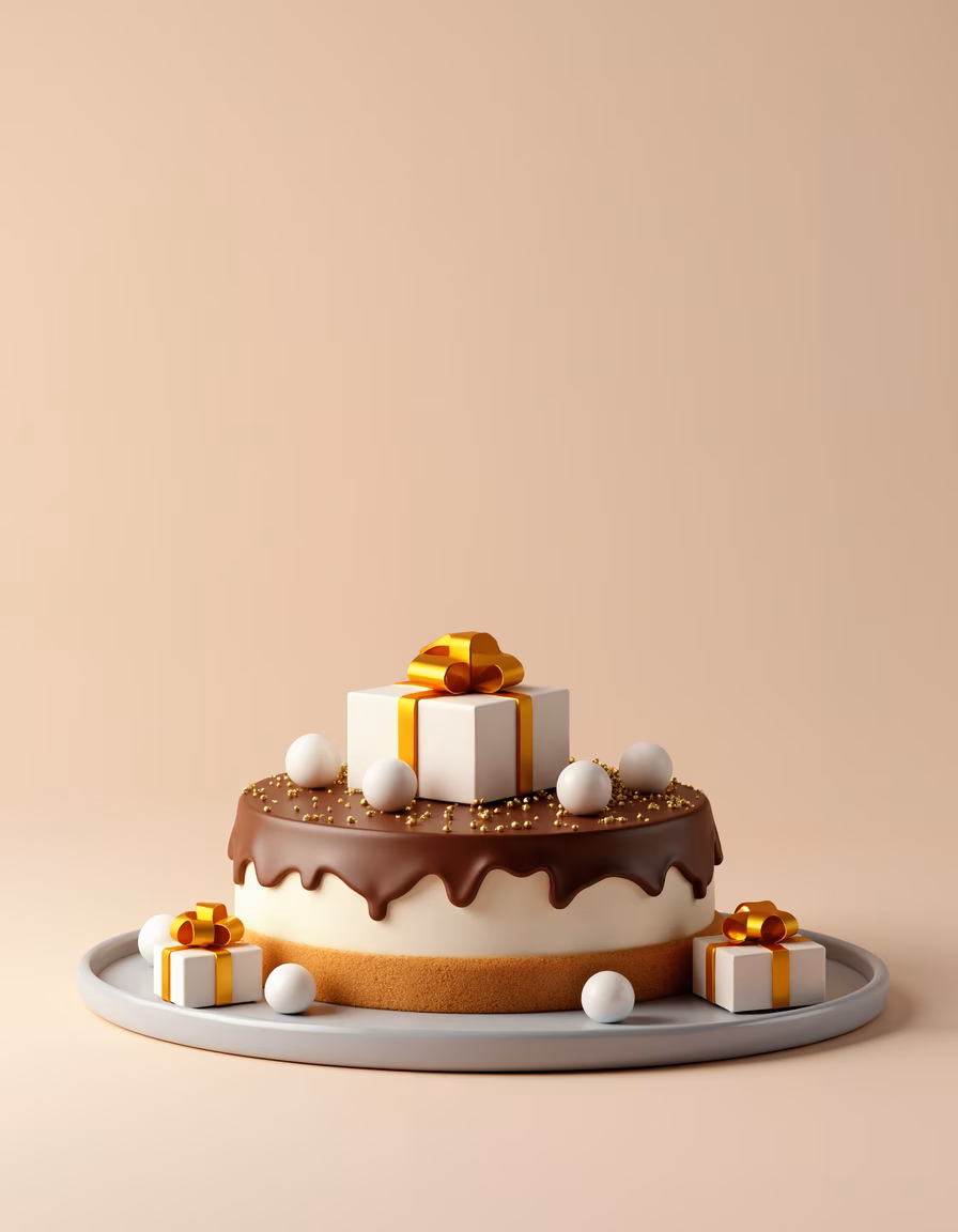 A chocolate cake with white frosting and golden ribbons, surrounded by gift boxes, exuding elegance and festivity.