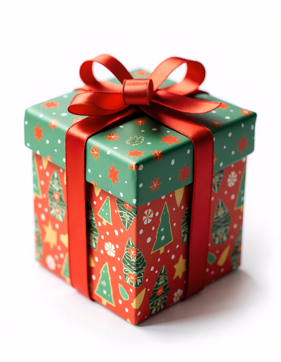 A beautifully wrapped Christmas gift box with a festive red and green design.