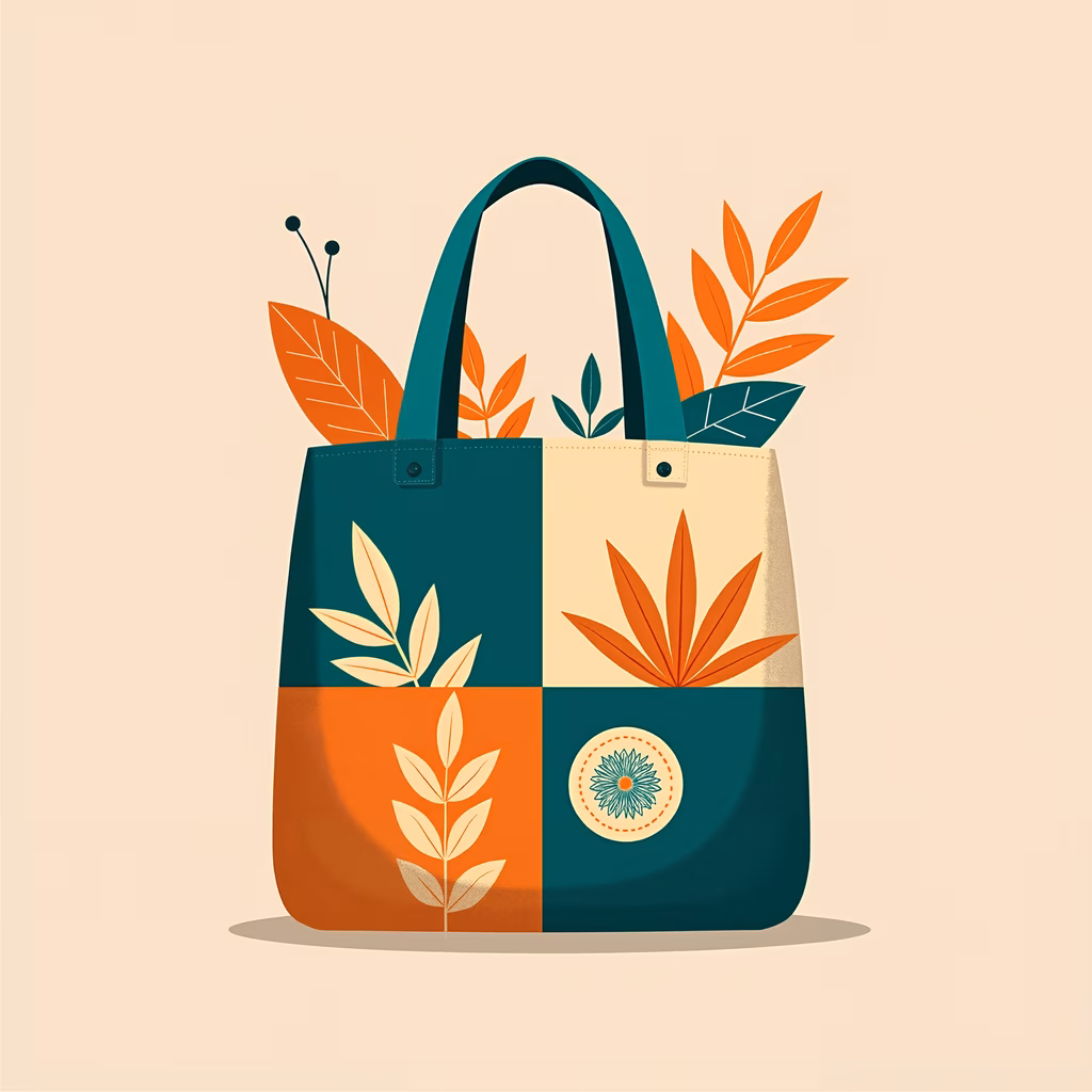 Vibrant tote bag illustration with geometric patterns and nature-inspired motifs.