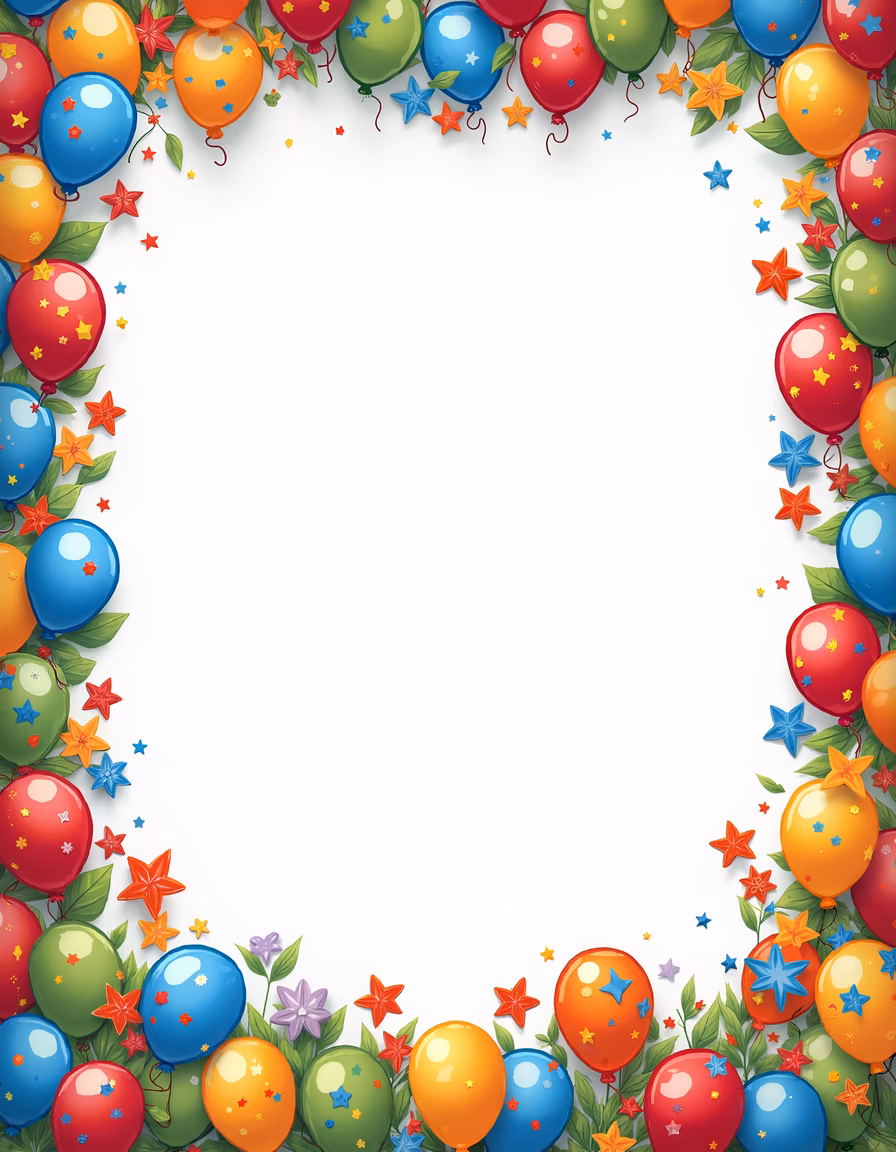Brightly colored balloons frame a festive celebration scene.