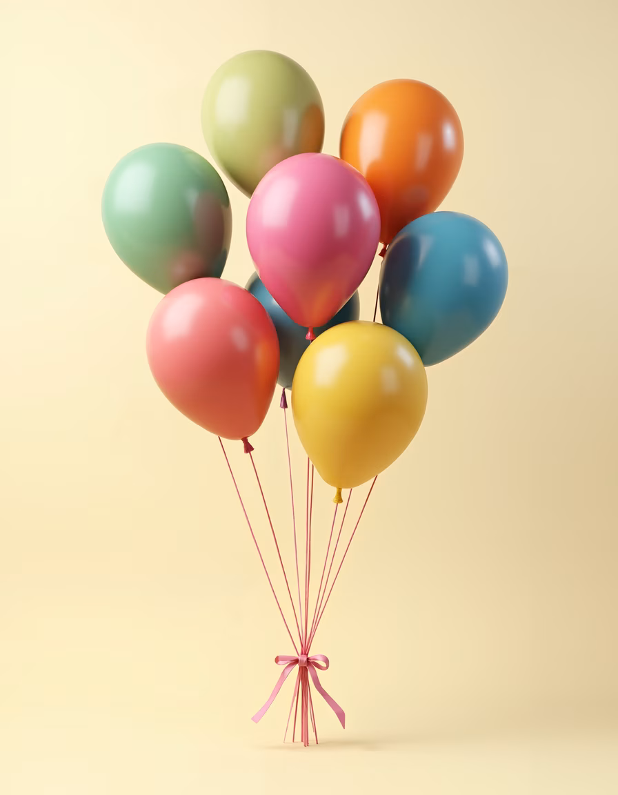 Brightly colored balloons tied with a ribbon, celebrating joy and festivity.