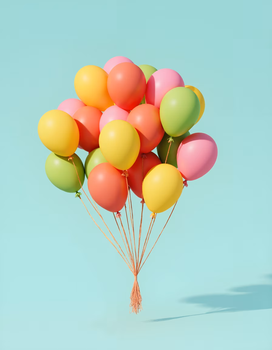 Brightly colored balloons floating against a teal backdrop, celebrating joy and festivity.