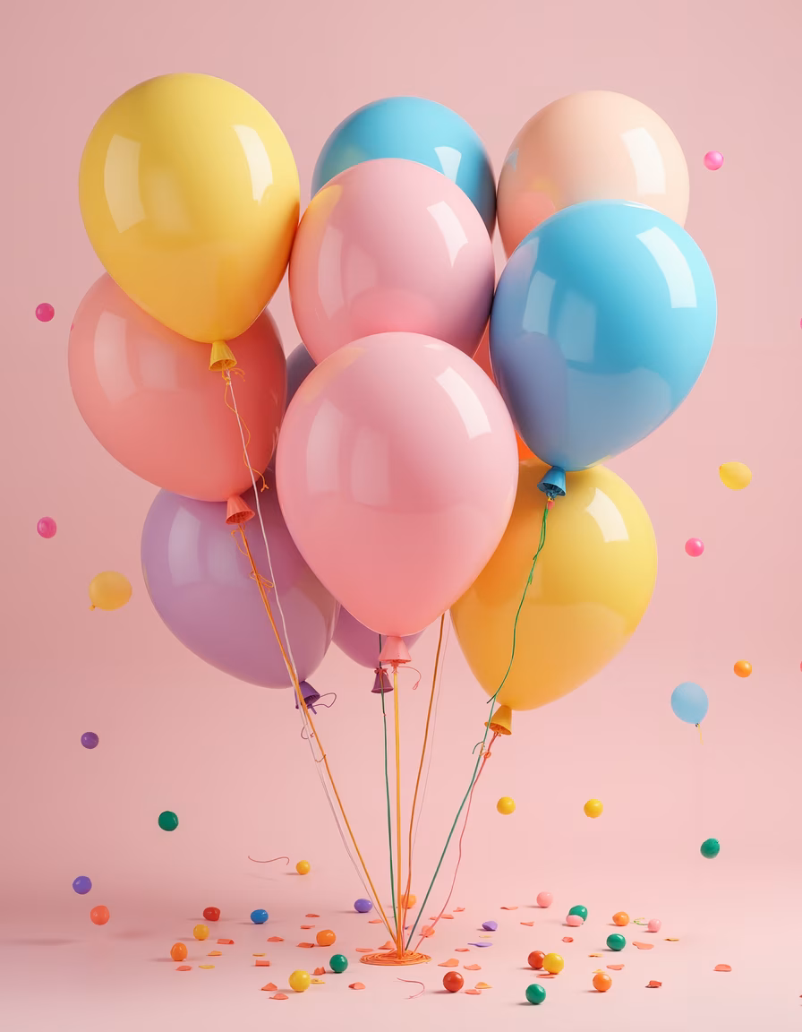 Vibrant balloons and confetti celebrating joyfully.