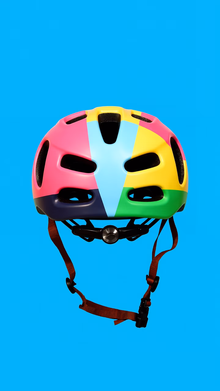 Vibrant, colorful bicycle helmet against a blue backdrop.
