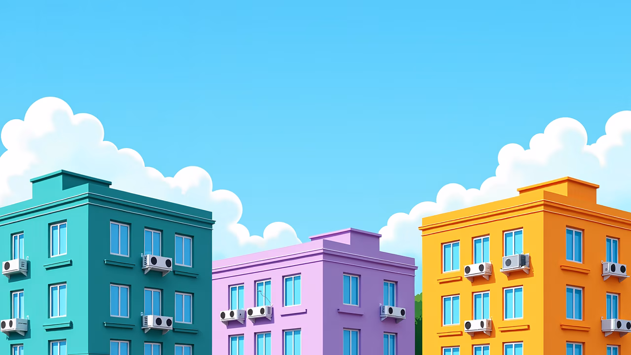 Brightly colored buildings against a clear sky, evoking joy and optimism.