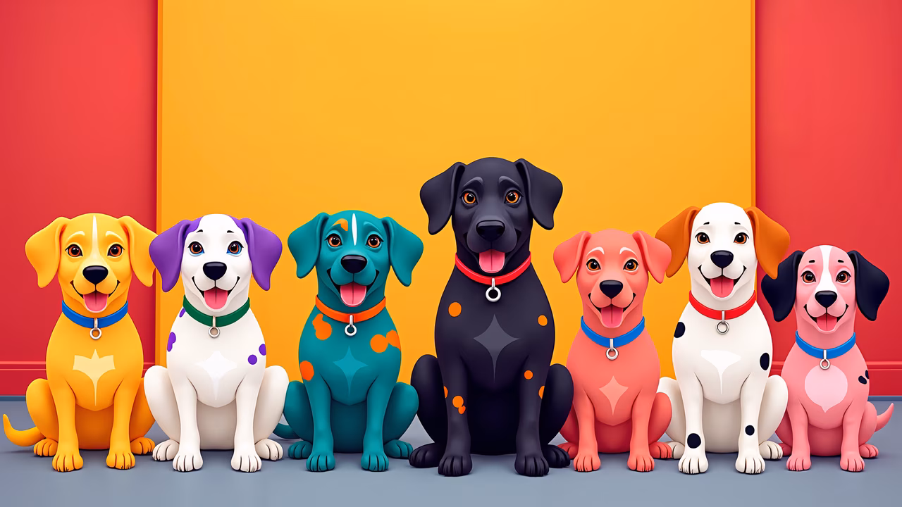 Brightly colored cartoon dogs sitting together in a cheerful scene.