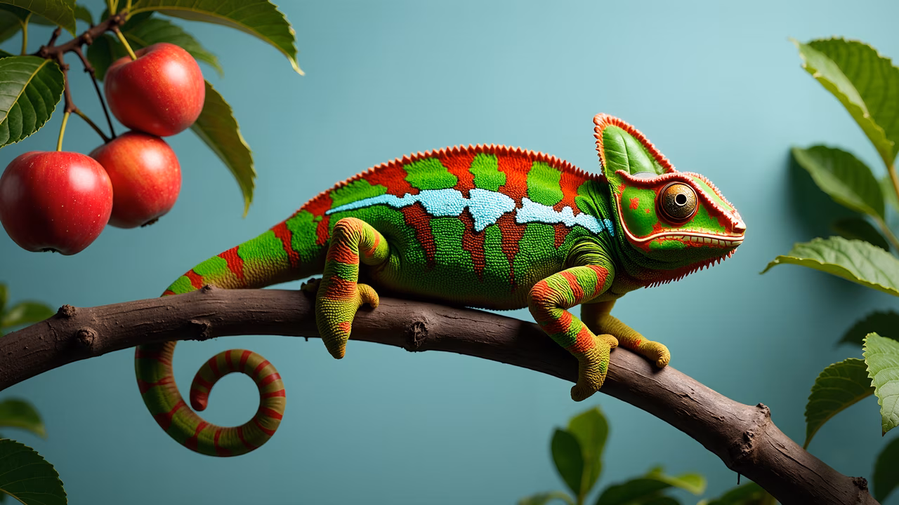 Vibrant chameleon illustration with red and green patterns, set against a teal background with red apples.