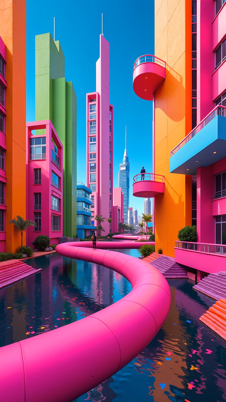 Vibrant, colorful, futuristic cityscape with bold primary colors and a playful atmosphere.