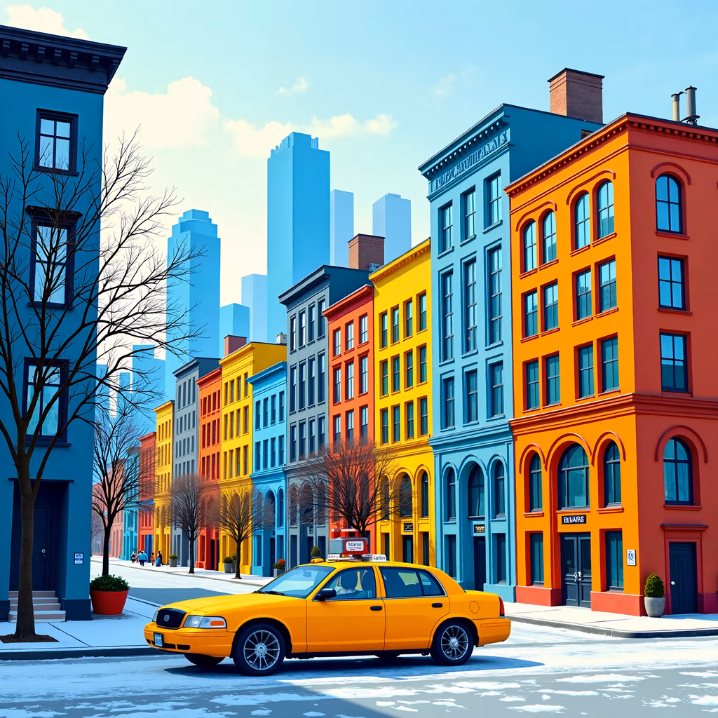 Boldly colored urban scene with a yellow taxi and snowy streets.