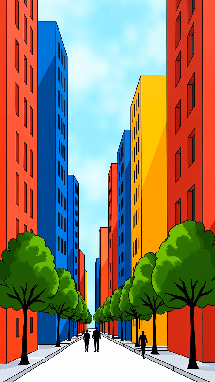 Vibrant cityscape with colorful buildings and green trees, evoking a cheerful and dynamic urban vibe.