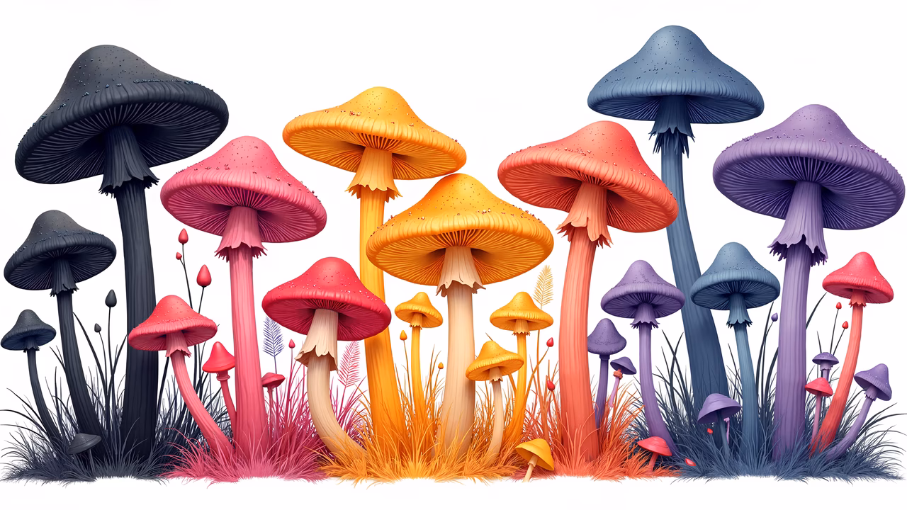Vibrant, colorful mushrooms in a whimsical fantasy setting.