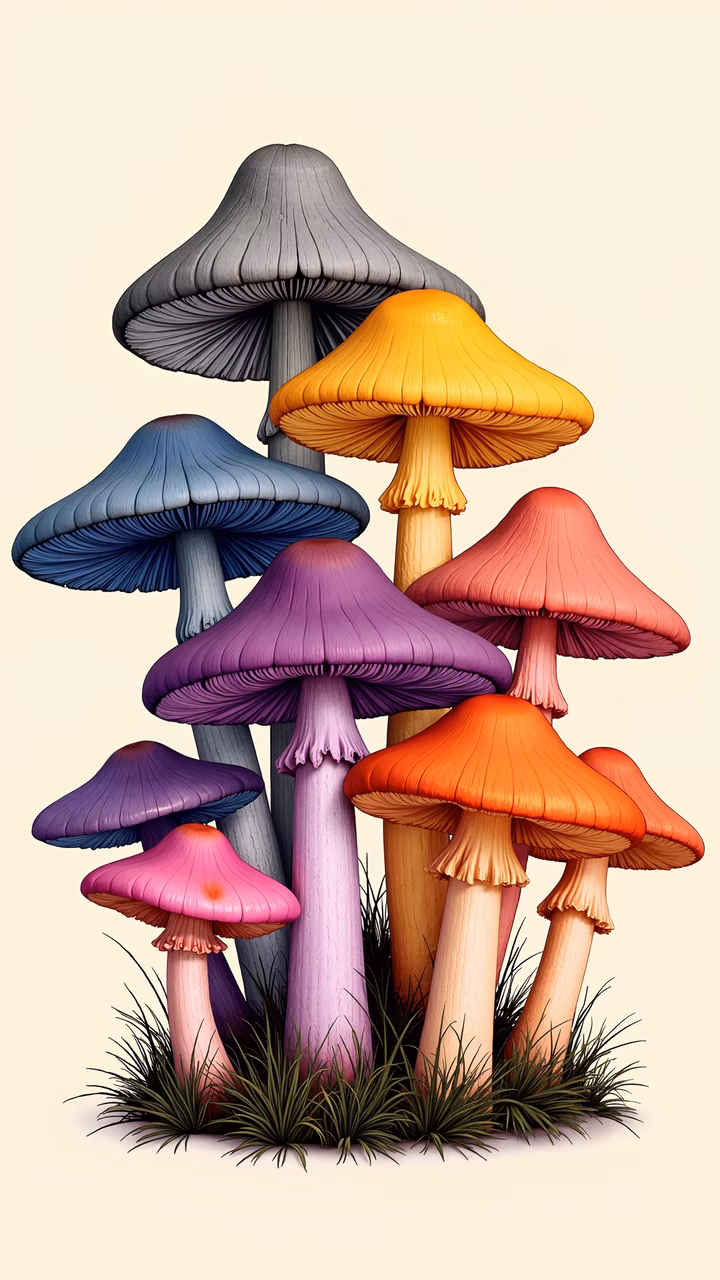 Vibrant, colorful mushrooms in a whimsical fantasy setting.