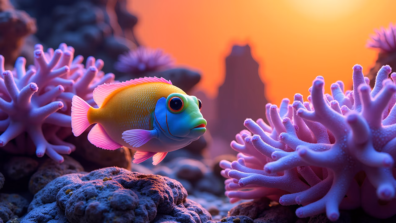 Vibrant underwater scene with a colorful fish and coral reef at sunset.