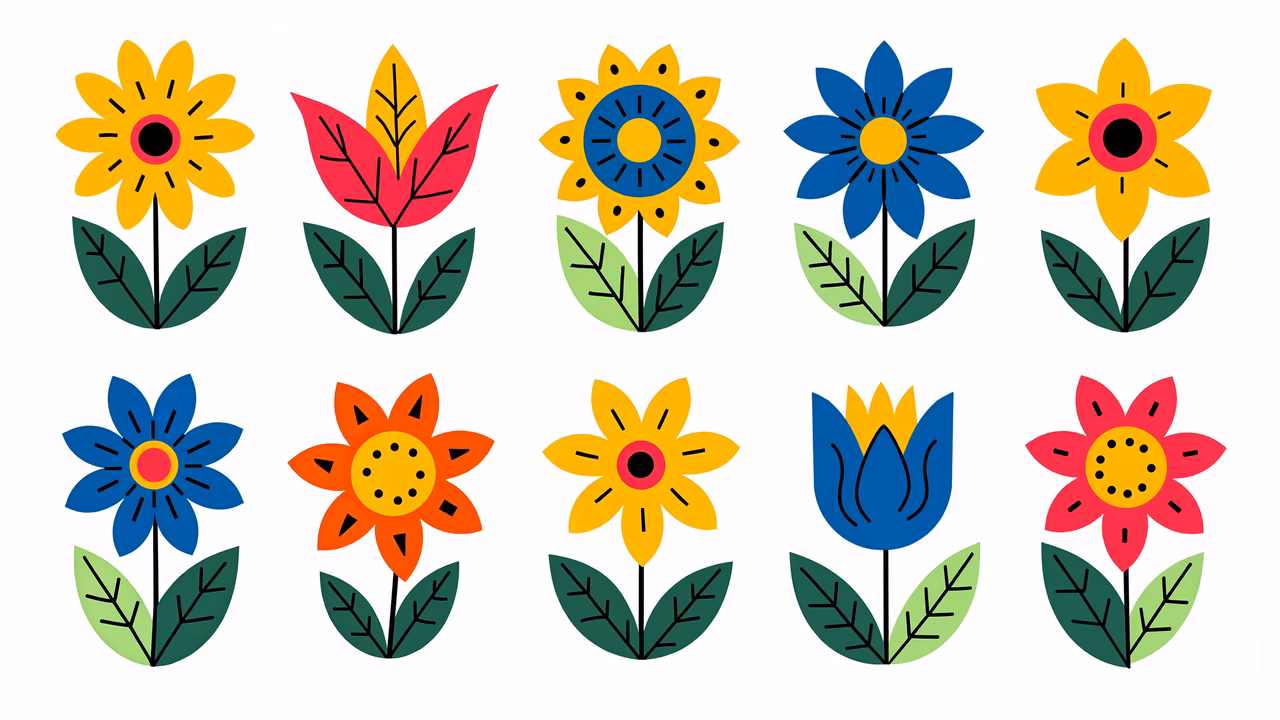 Brightly colored floral illustrations with playful designs and cheerful tones.
