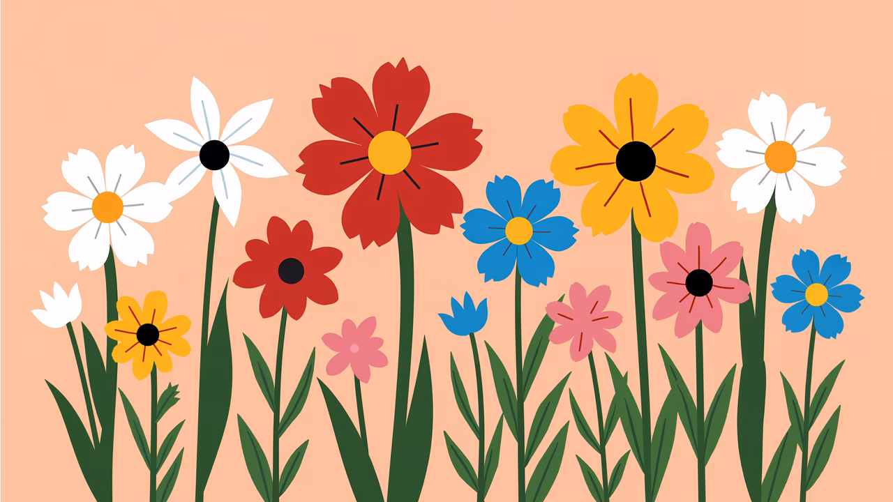 Brightly colored flowers on a peach background, celebrating springtime vibrancy.