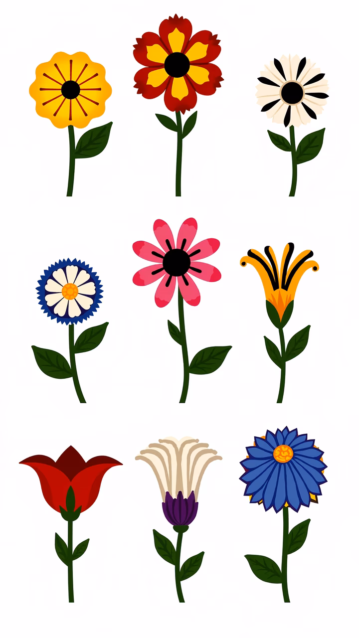 Brightly colored stylized flowers in a cheerful illustration.