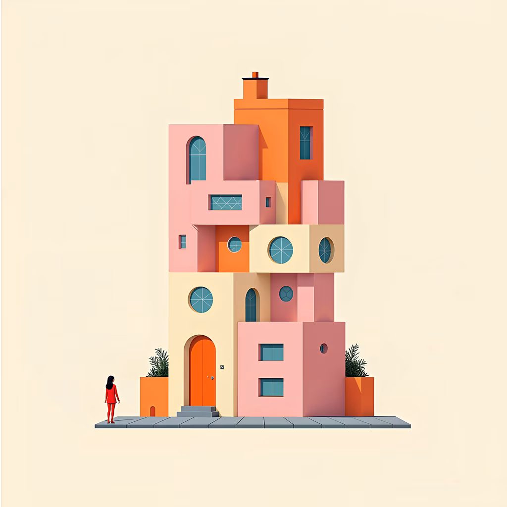 Whimsical geometric building with vibrant pastel colors and a playful atmosphere.