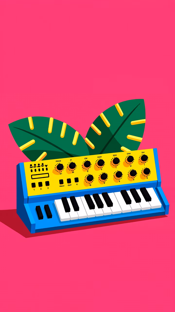 Vibrant keyboard illustration with colorful details and natural accents on a pink background.