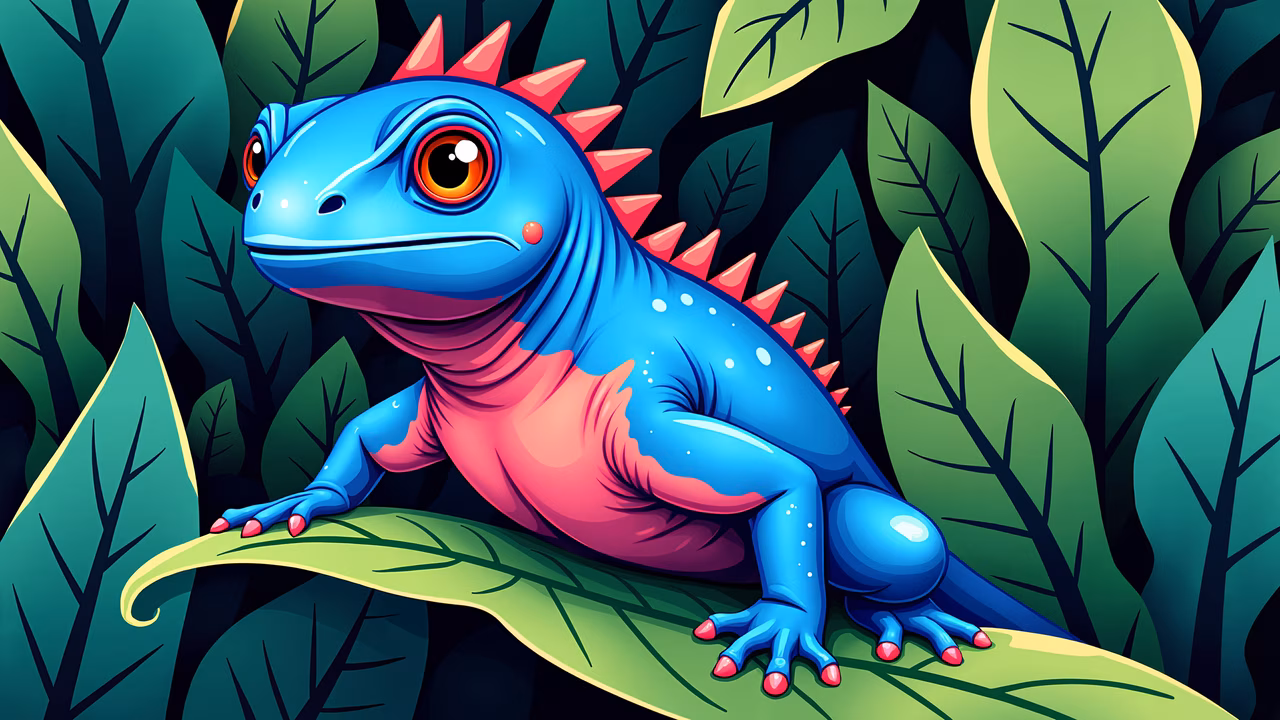 Vibrant, colorful lizard illustration in a lush forest setting.