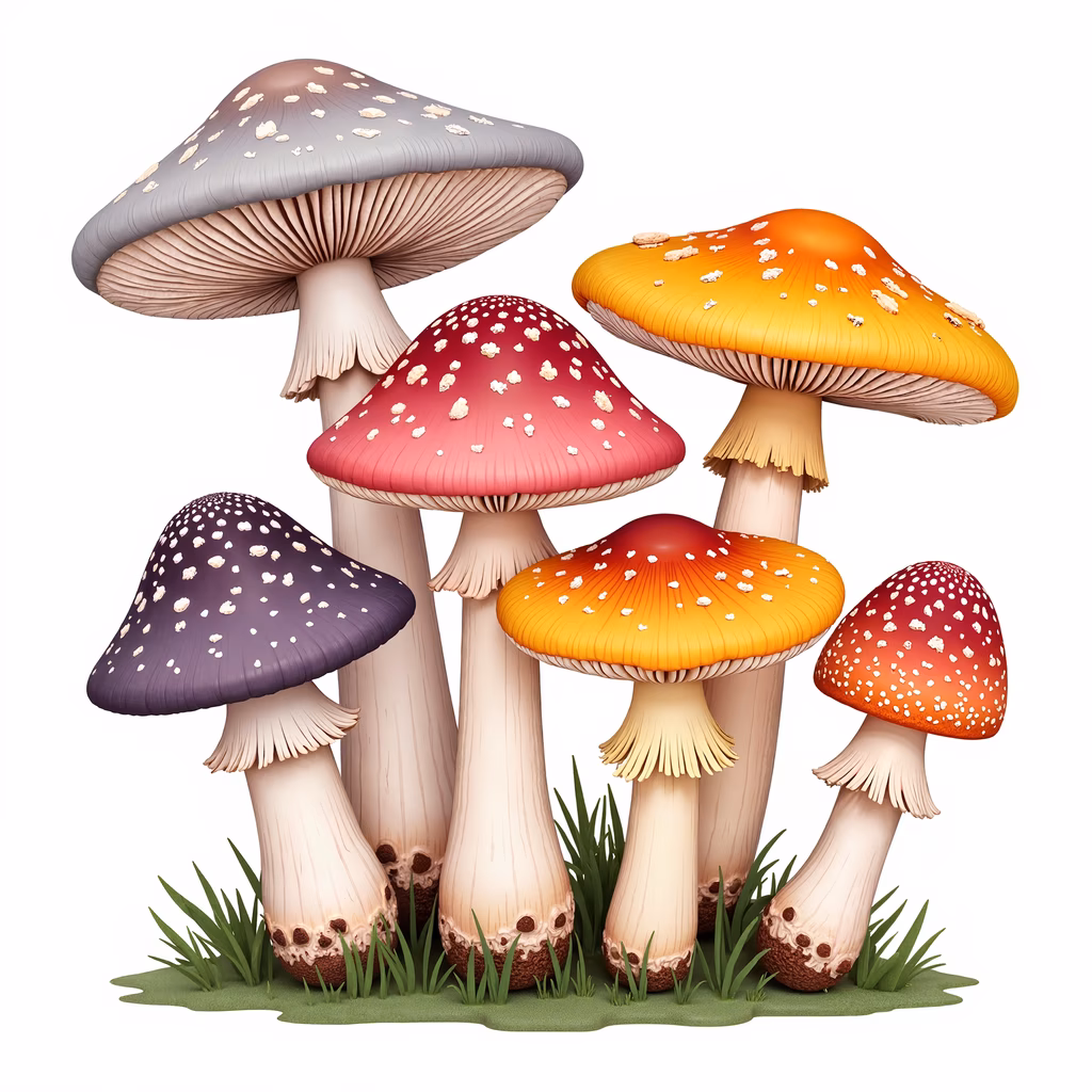 Vibrant, whimsical mushrooms in a nature-inspired illustration.