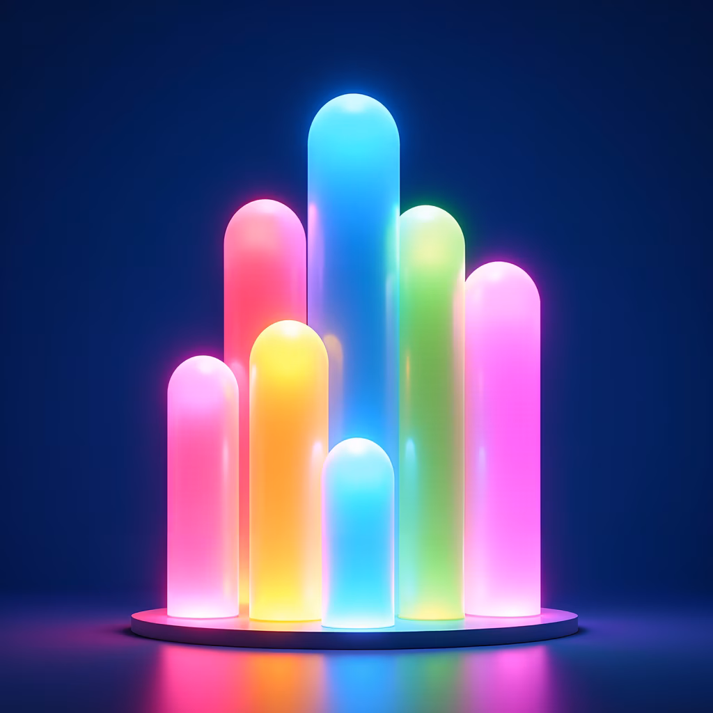 Vibrant neon cylinders glowing against a dark blue backdrop, creating a modern and energetic vibe.