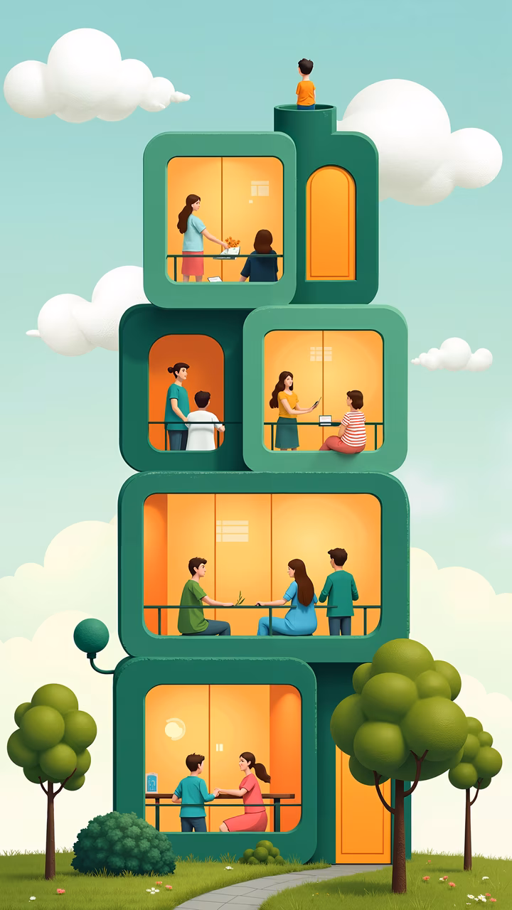 A colorful illustration of a community tower with residents enjoying their balconies.