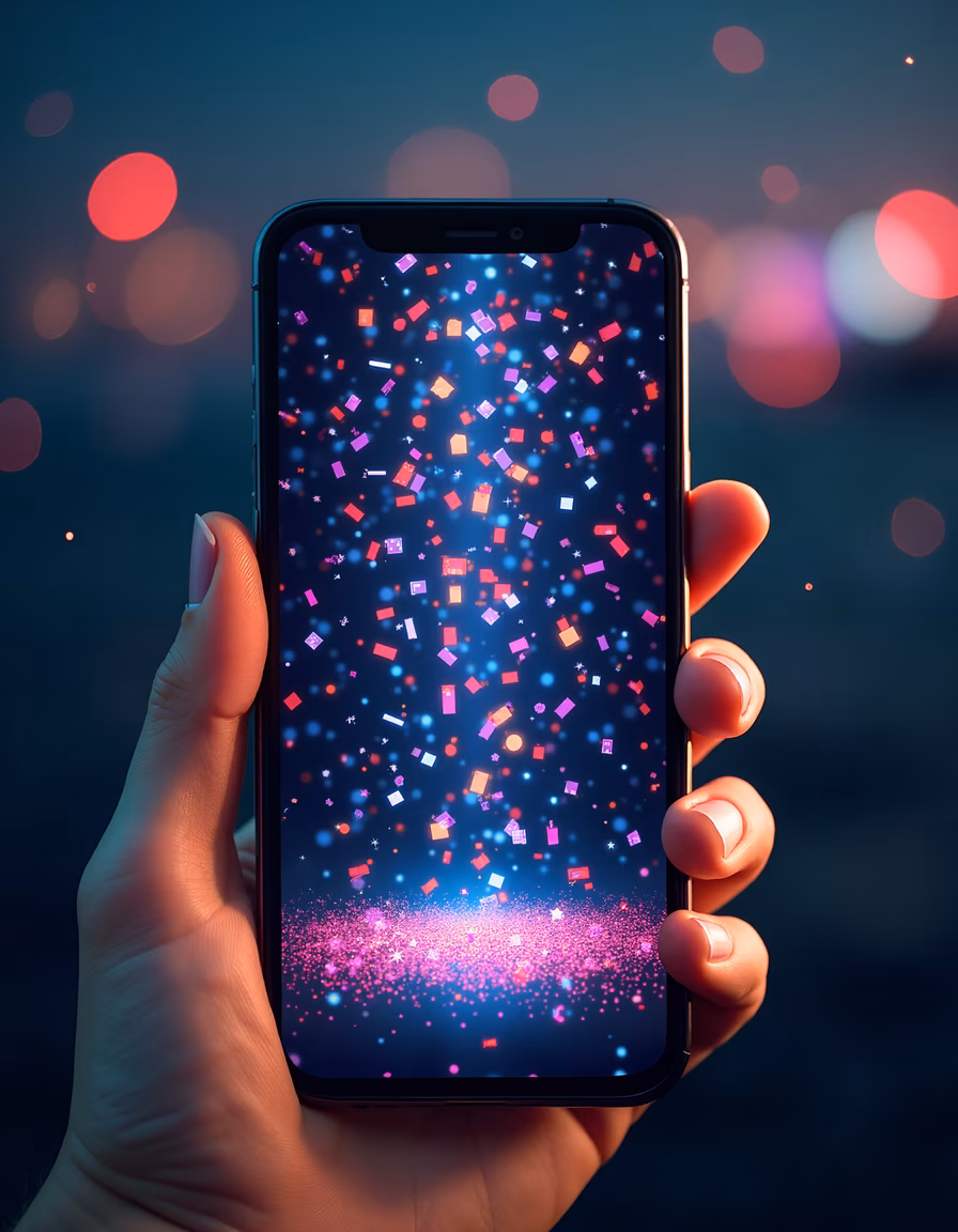 Vibrant confetti celebration on a smartphone screen, celebrating joy and festivity.