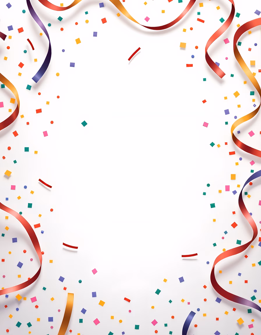 Vibrant confetti and ribbons celebrating joyfully.