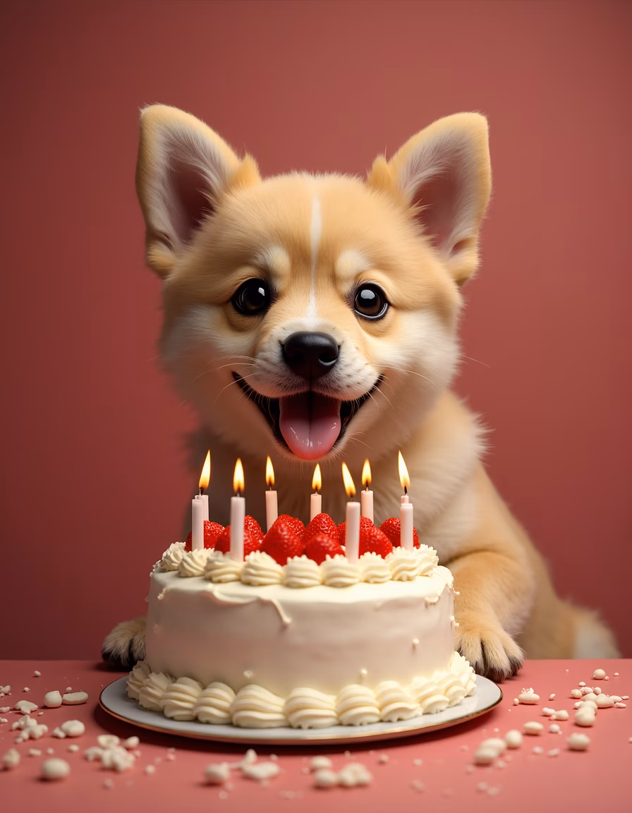 A cute Corgi puppy celebrating its birthday with a delicious cake!