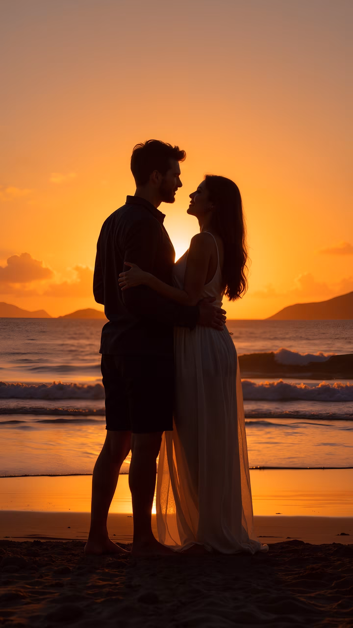 Romantic couple embracing at sunset on a beach, bathed in warm golden light.