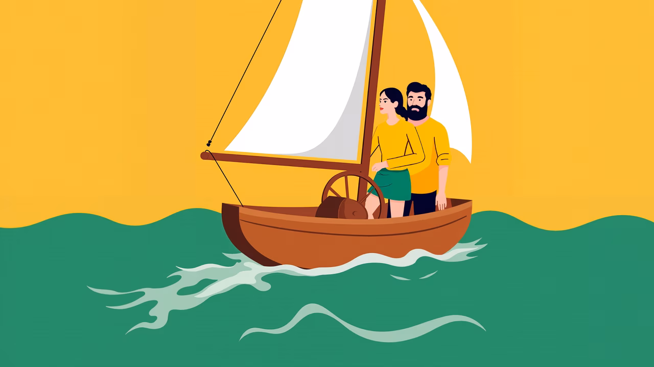 A couple enjoys a peaceful sailing journey under a sunny sky.