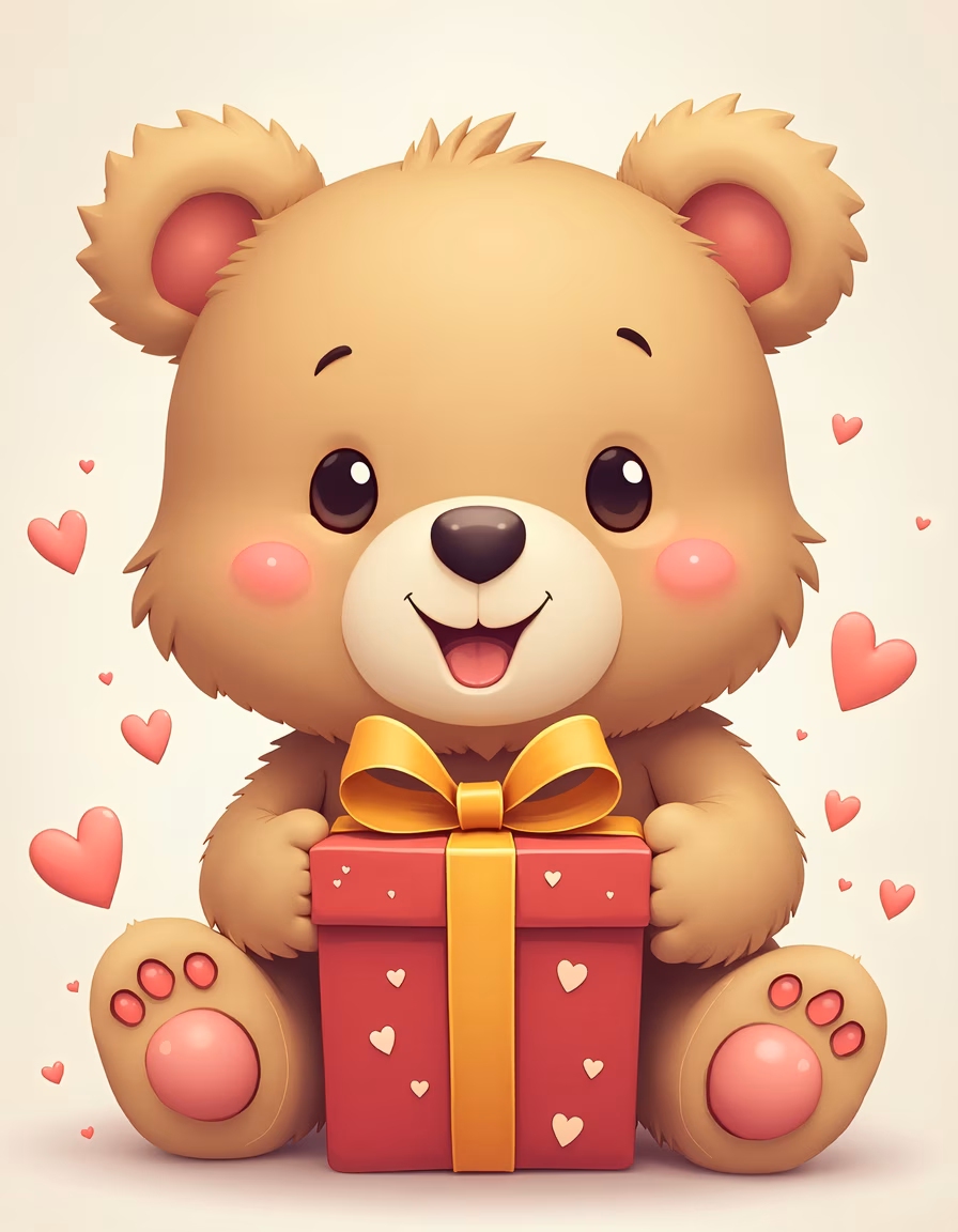 A cute teddy bear holding a gift, surrounded by hearts, evoking warmth and happiness.
