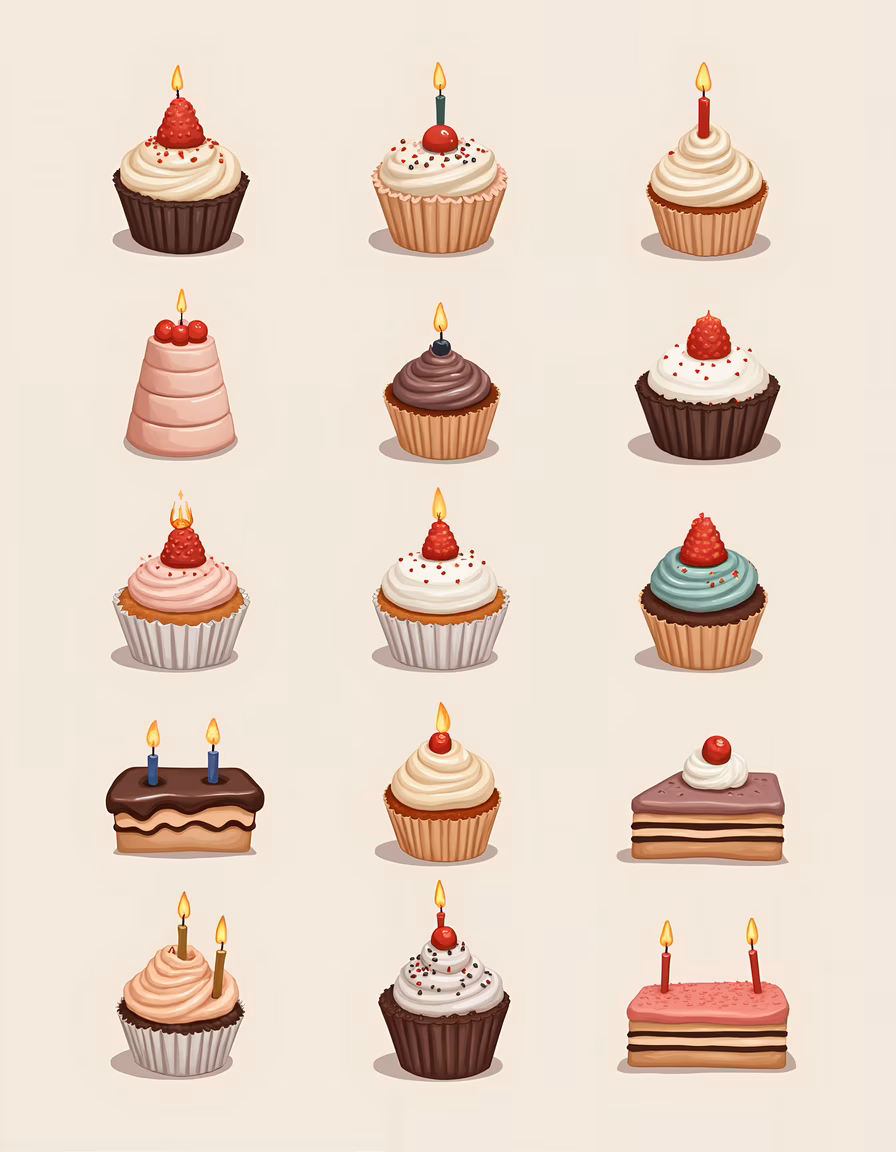 A charming collection of cupcakes and cakes with candles, perfect for celebrations!