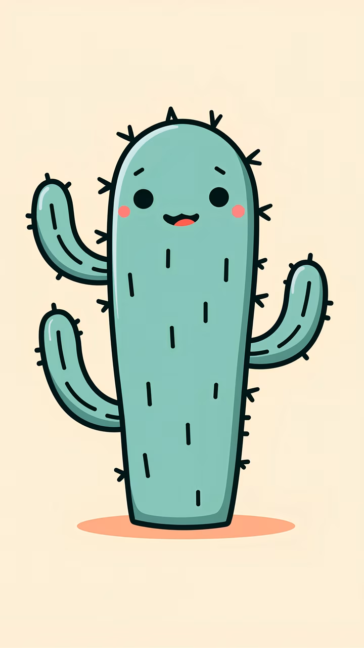A cute cartoon cactus with a friendly smile and rosy cheeks.
