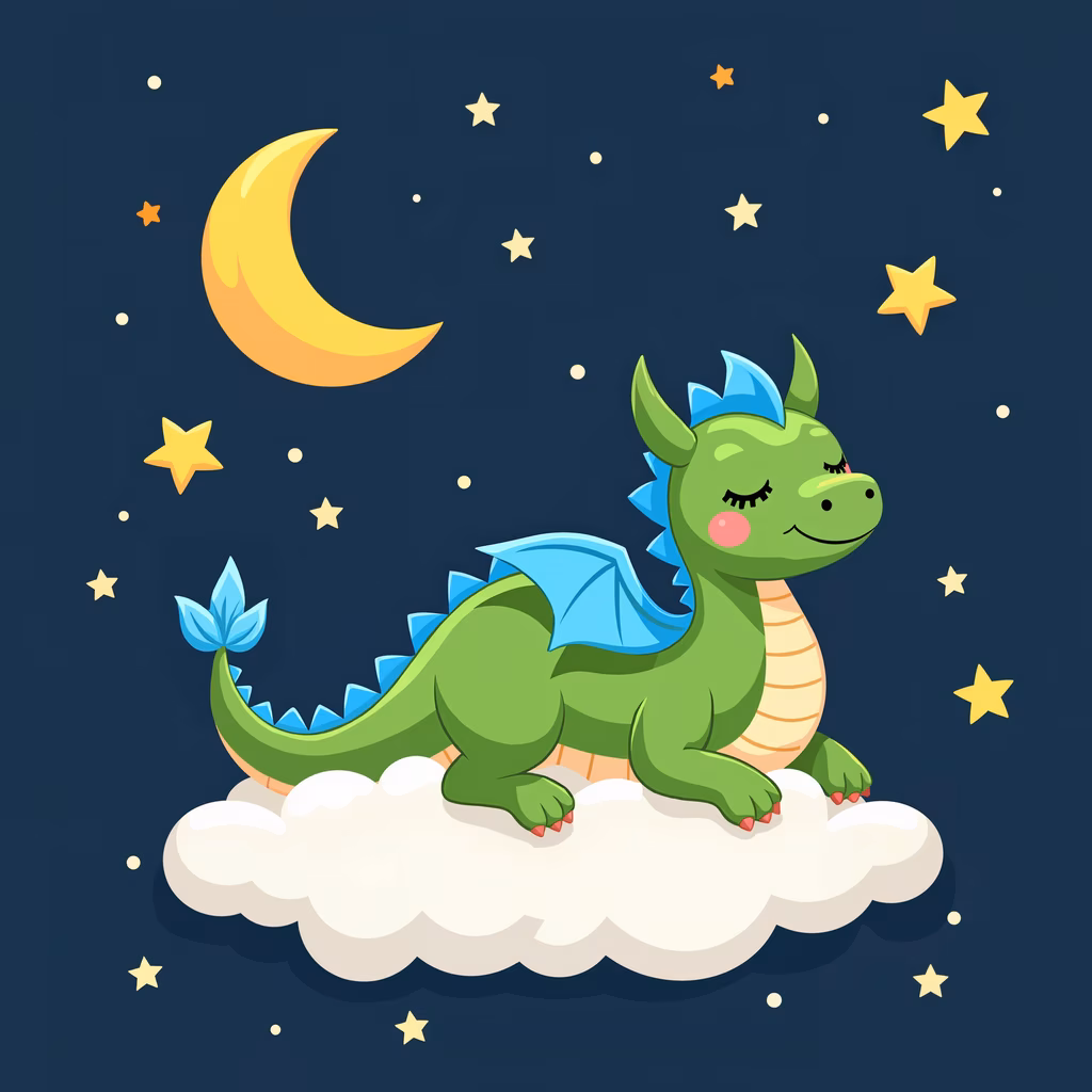 A cute dragon resting on a cloud under a starlit sky, evoking a sense of tranquility and fantasy.