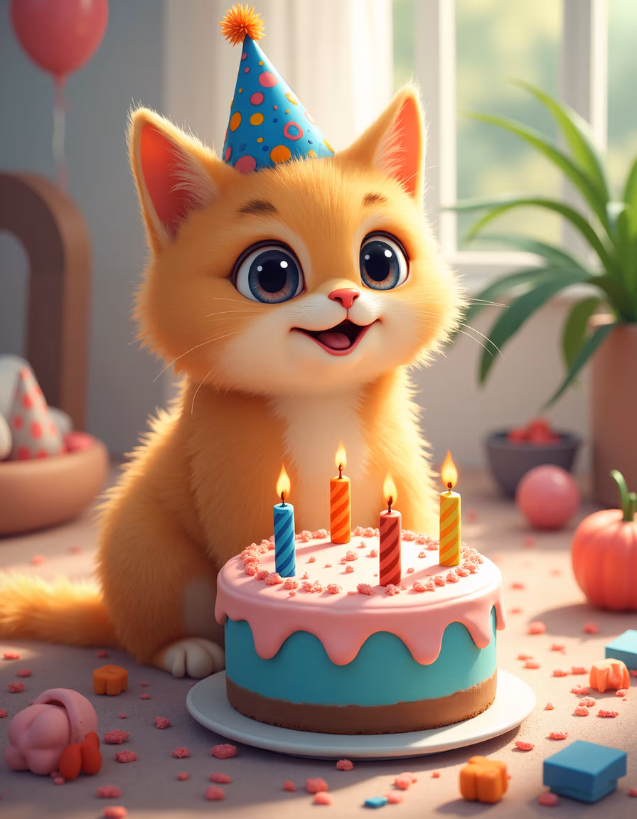 A cute kitten celebrating its birthday with a colorful cake and festive decorations.