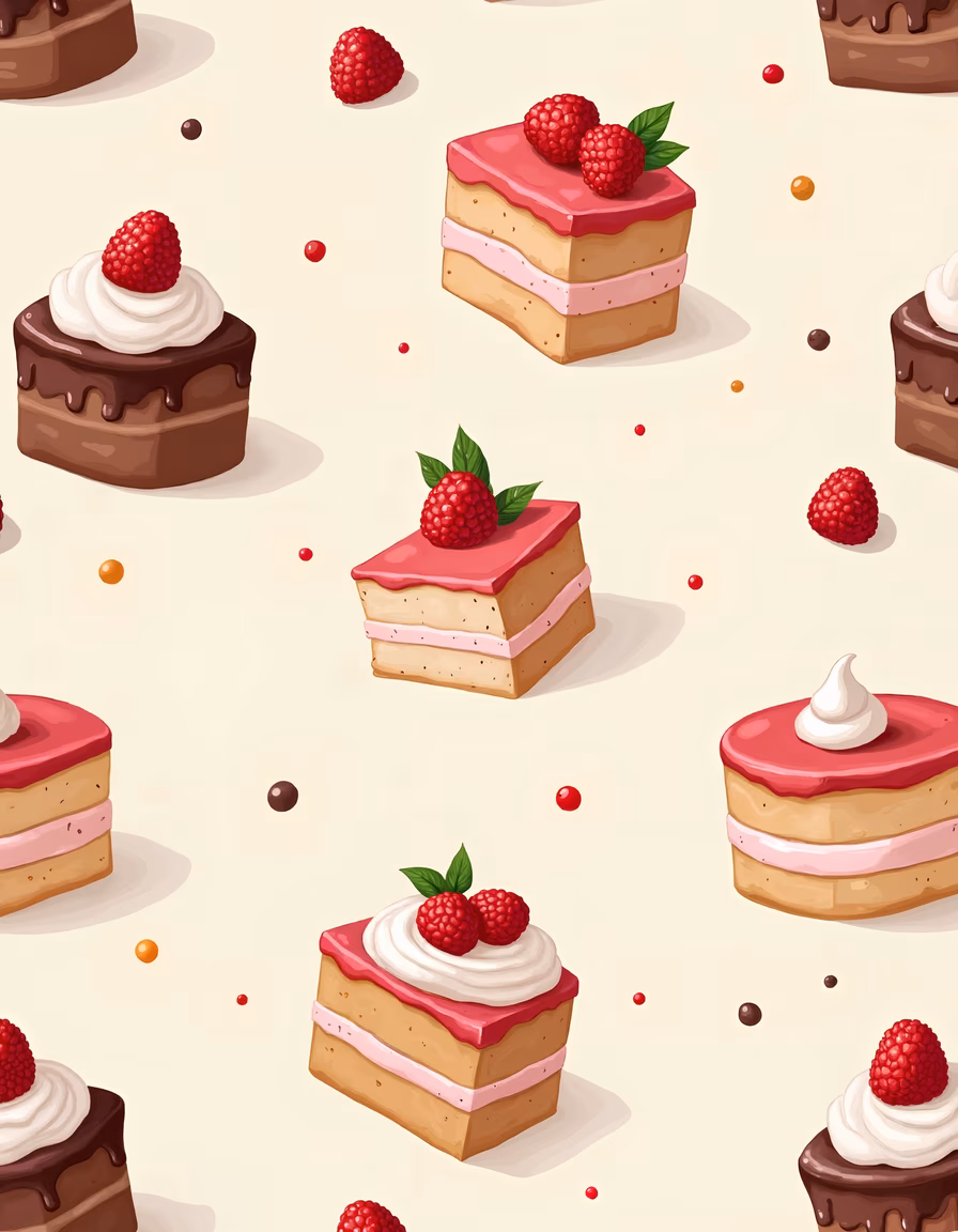Illustrated cakes with raspberries and cream, perfect for food enthusiasts!