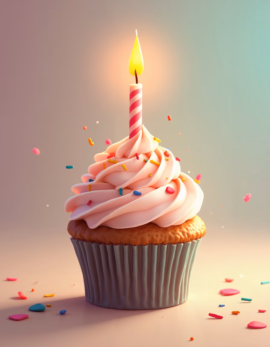 A beautifully illustrated cupcake with a lit candle and festive decorations.