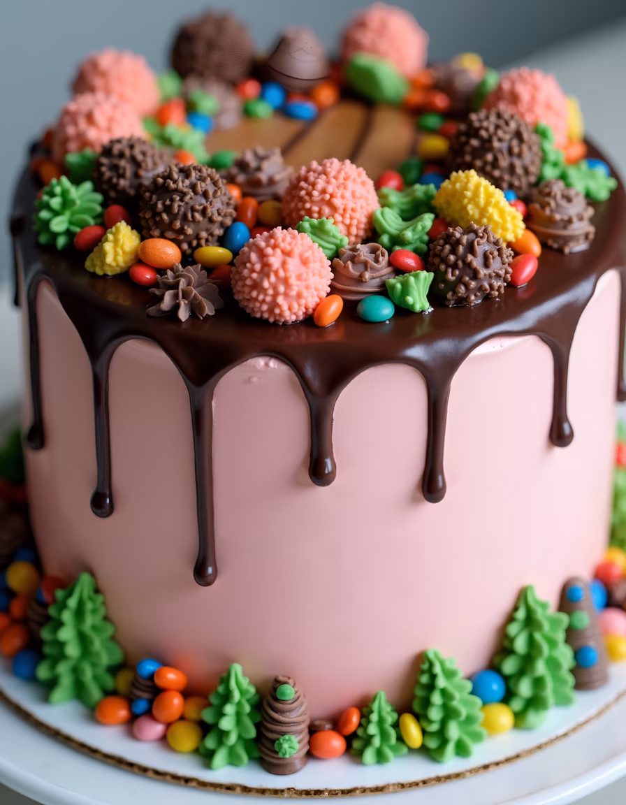 A beautifully decorated drip cake with colorful candies and chocolate truffles.