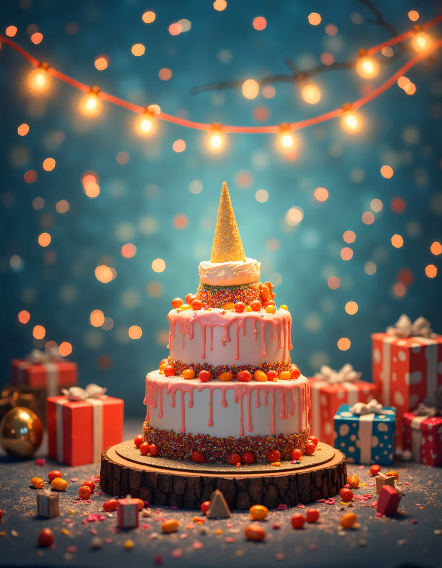 A festive drip cake with sprinkles and presents, perfect for celebrations!