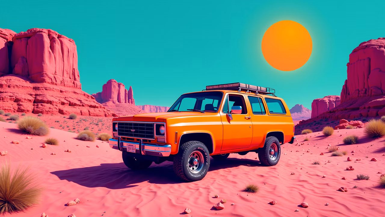 Classic SUV in a surreal pink desert under a vibrant turquoise sky.