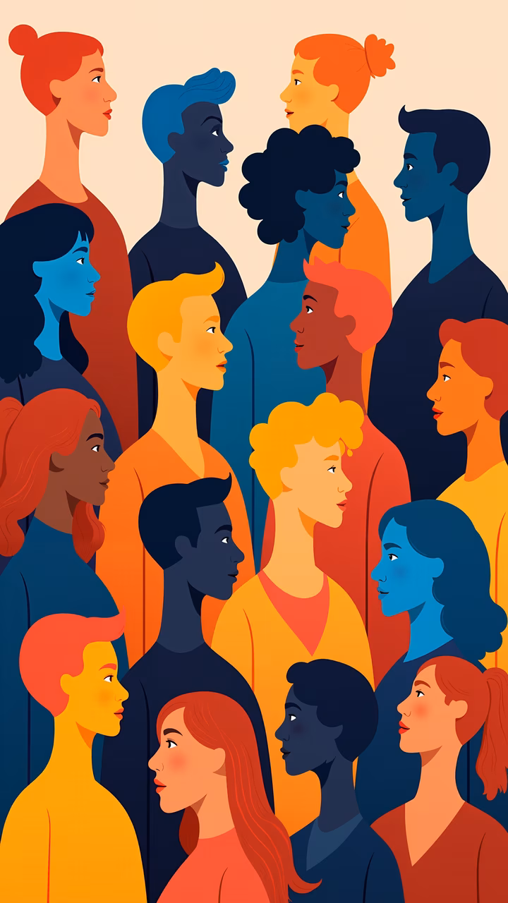 A colorful illustration showcasing diversity through bold, contrasting colors and overlapping figures.