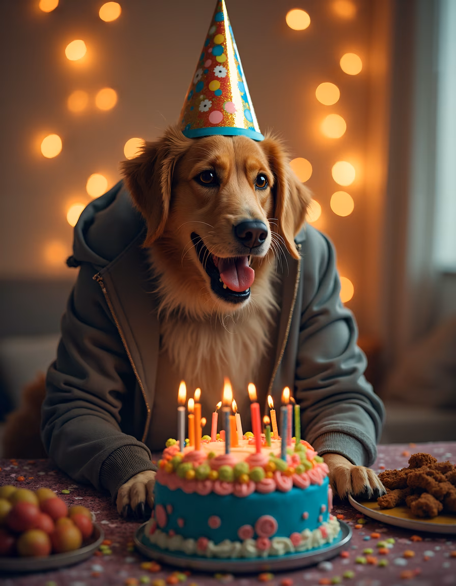 A dog celebrating its birthday with a festive cake and party hat.