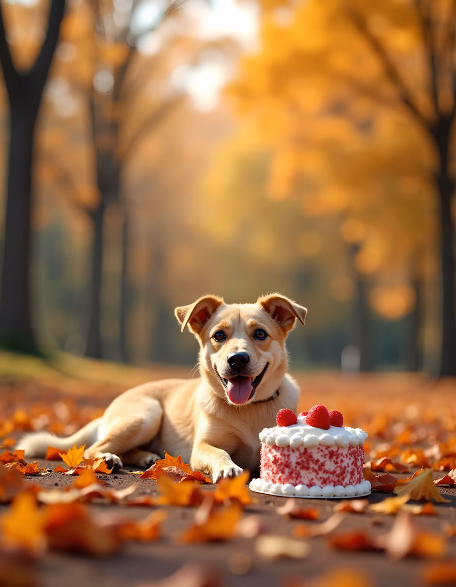 A happy dog with a festive cake in a beautiful autumn setting.