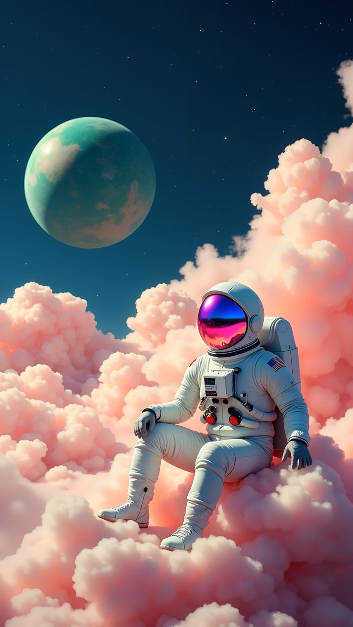 Astronaut in a serene space scene with pink clouds and a distant planet.