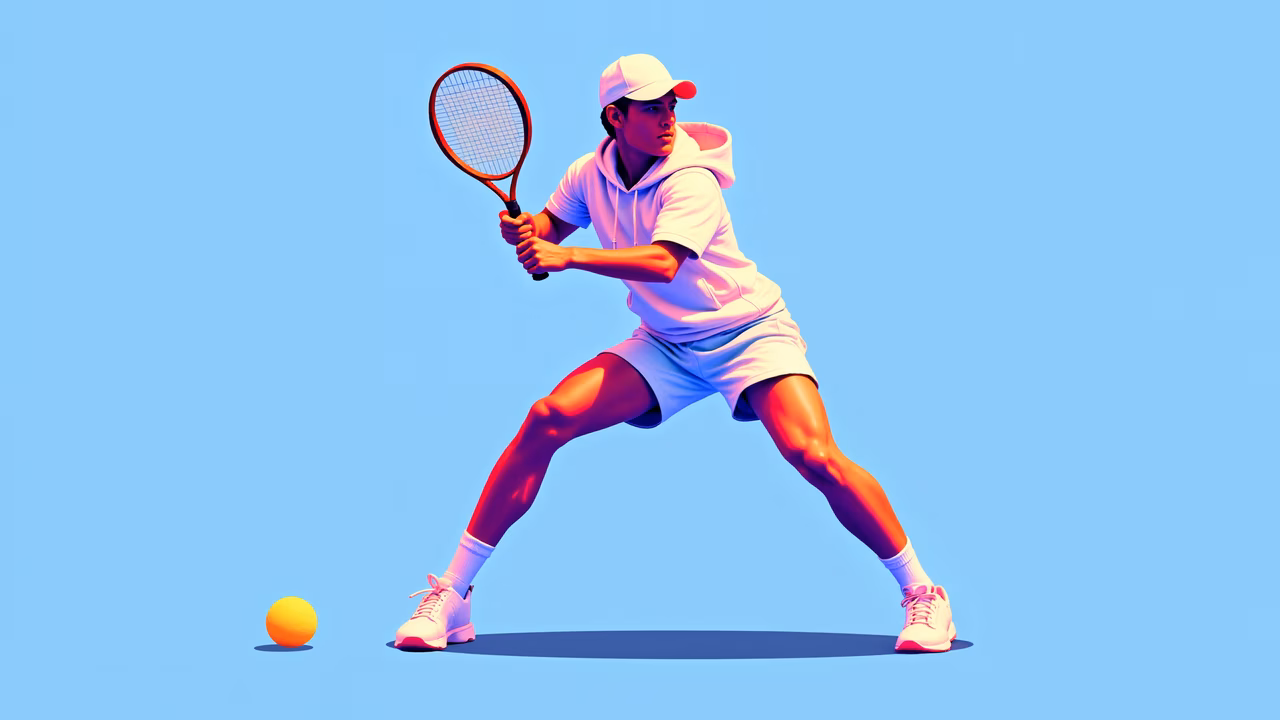 Vibrant tennis player in action, dynamic motion, sports art, bold colors, intense energy