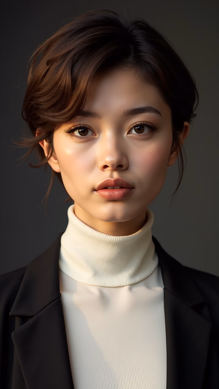 A sophisticated portrait illustration featuring a person in a black blazer and white turtleneck, captured with soft lighting and a minimalist background.