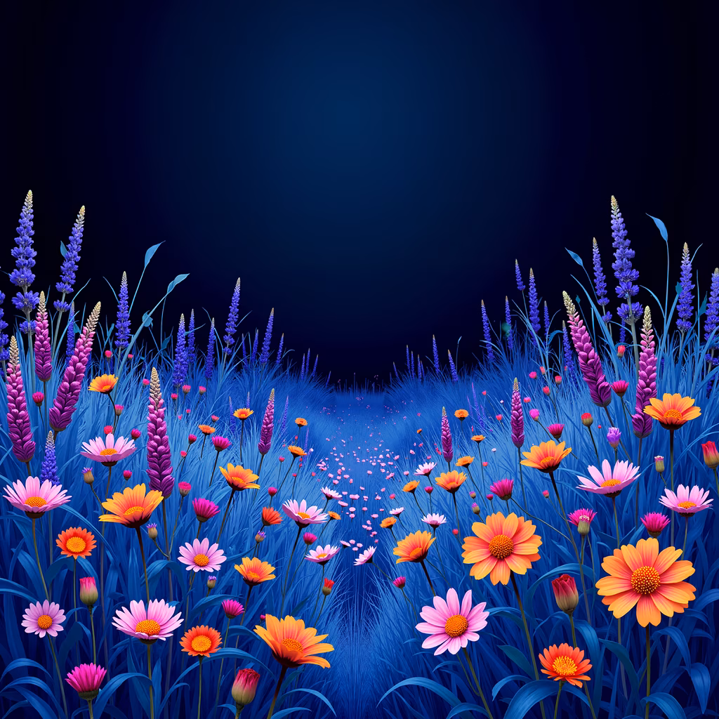 A magical garden scene with colorful flowers and tall grasses under a deep blue sky.